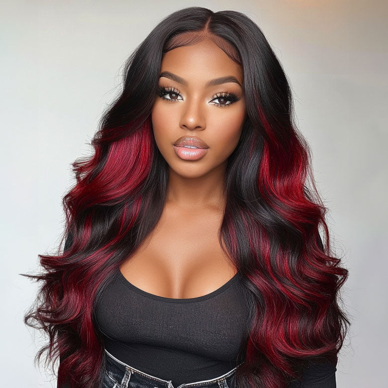 Klaiyi Burgundy Highlights Wig with Face Framing Layers  7x5 Bye-Bye Knots Loose Wave Lace Wig Human Hair