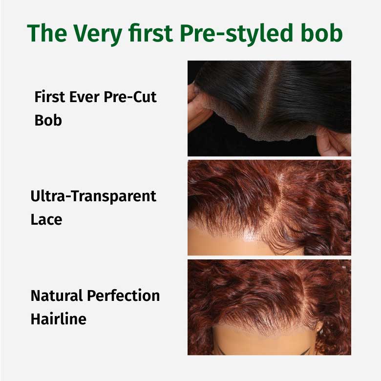 Klaiyi Bye-Bye Knots Lace Closure Wig Side Part Wig Reddish Brown Short Curly Bob Wig Flash Sale