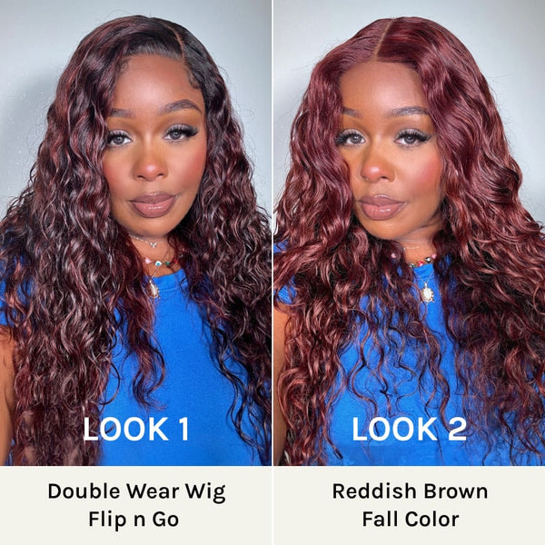 Klaiyi Ombre Black Cherry &Reddish Brown Double Wear Wig Water Wave Flip & Go Fast Transformation 100% Human Hair