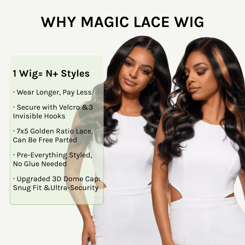 Klaiyi Magic Lace Wig Natural Black Body Wave Wig With 7x5 Replaceable Lace Closure