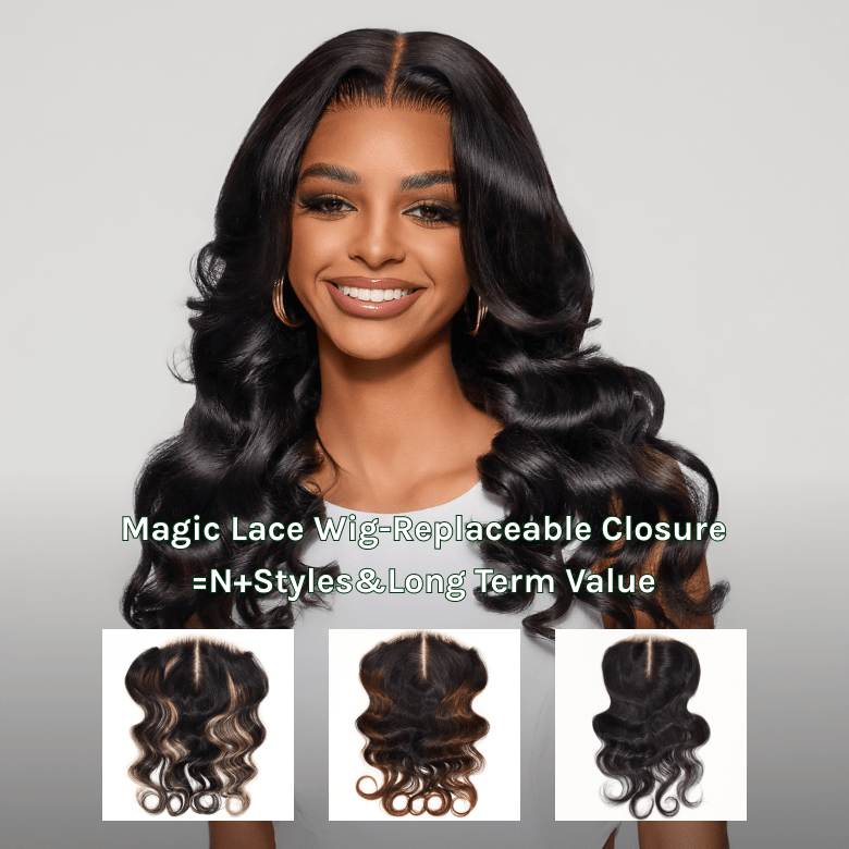 Klaiyi Magic Lace Wig Natural Black Body Wave Wig With 7x5 Replaceable Lace Closure