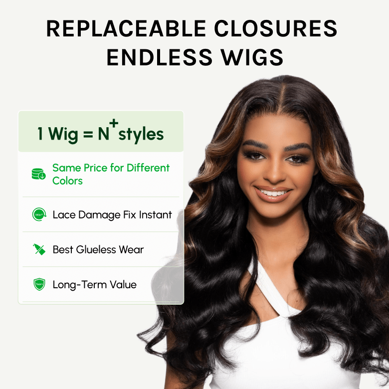 Klaiyi Magic Lace Wig Natural Black Body Wave Wig With 7x5 Replaceable Lace Closure