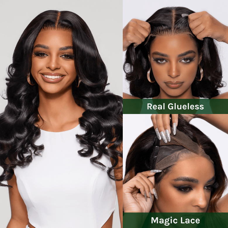 Klaiyi Magic Lace Wig Natural Black Body Wave Wig With 7x5 Replaceable Lace Closure