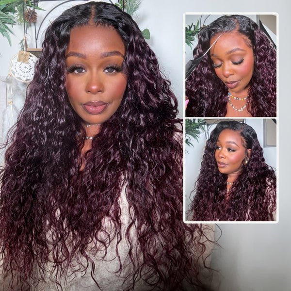 Klaiyi Dark Plum Color 13x4 Water Wave Pre-Everything™ Lace Frontal Wig with Dark Roots Glueless Wig