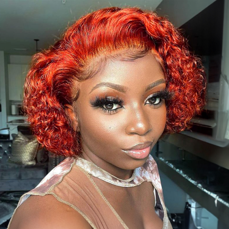 $39 Flash Sale | Klaiyi Ginger Pixie Human Hair Short Curly Lace Front Human Hair Wigs/Colored Highlight Straight Bob Wig With Bangs