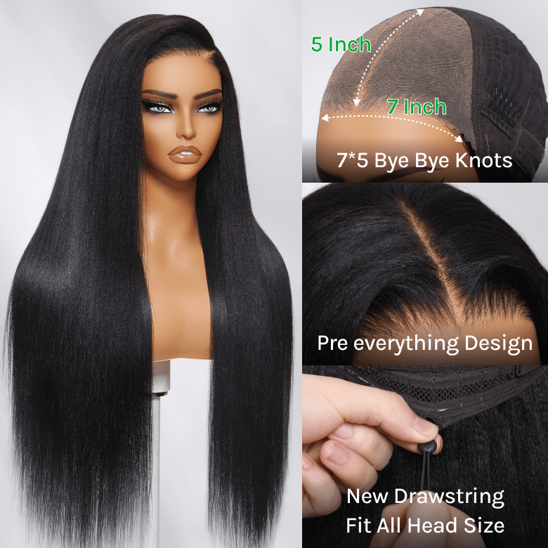 Klaiyi Yaki Straight Put On and Go Glueless Lace Wigs 7x5 Bye Bye Knots Pre-cut Human Hair Lace Wig Kinky Straight