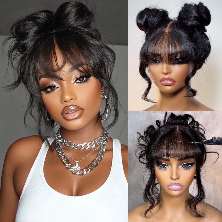 Klaiyi 13x4 3D Fluffy Body Wave Lace Frontal Wig with Curtain Bangs & Layers Pre everything Put on and Go Human Hair Wigs