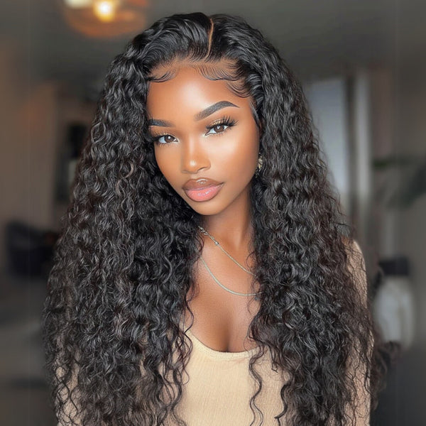 Klaiyi Water Wave 7x5 Bye Bye Knots Wig Put On and Go Glueless Human Hair Wigs Natural Black Color