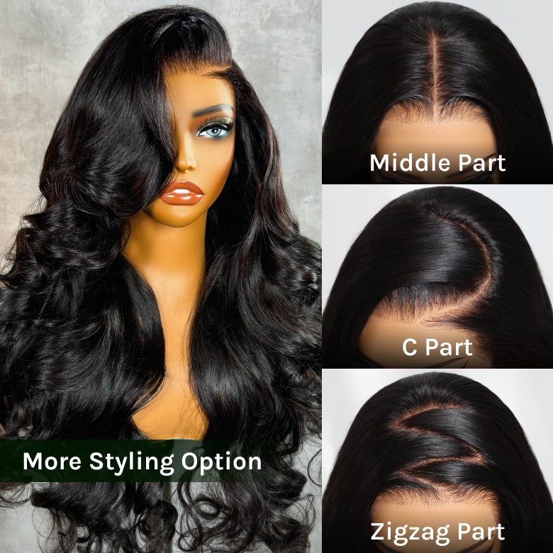 Klaiyi Hair HD Real Scalp™ Wig 13x4 Invisible Lace Frontal Body Wave Wig Natural Black Color