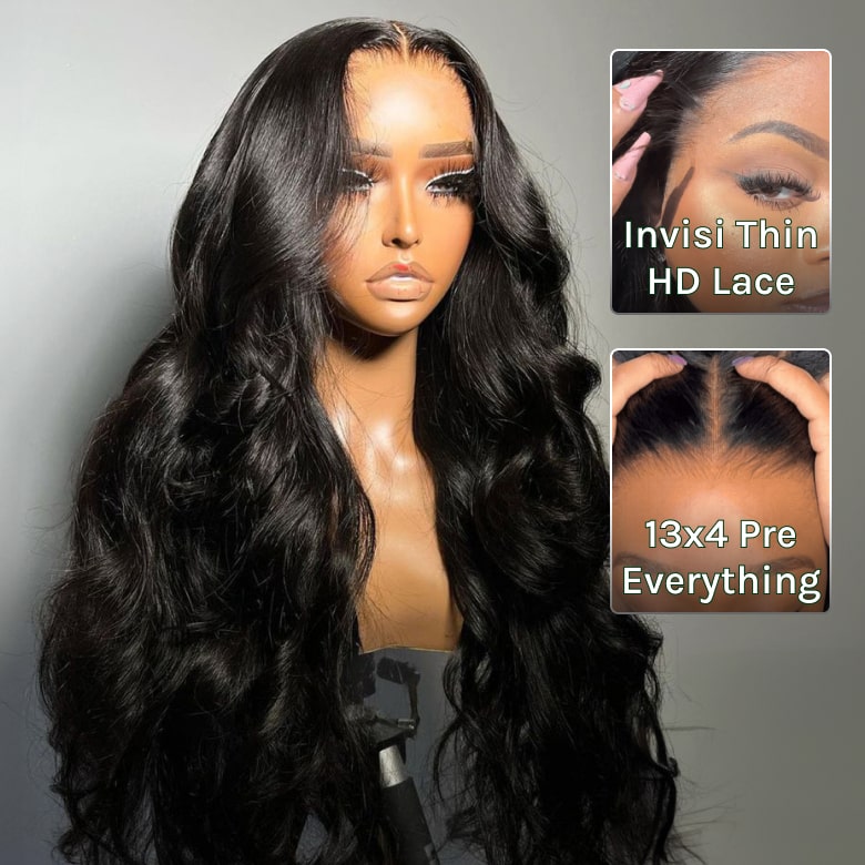 Klaiyi Hair HD Real Scalp™ Wig 13x4 Invisible Lace Frontal Body Wave Wig Natural Black Color