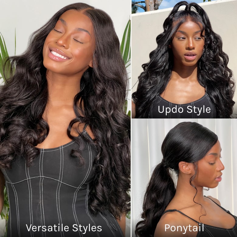 Klaiyi Hair HD Real Scalp™ Wig 13x4 Invisible Lace Frontal Body Wave Wig Natural Black Color