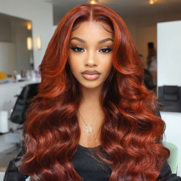 Klaiyi Red Orange Highlights Wig with Face Framing Layers 7x5 Bye-Bye Knots Loose Wave Wig Human Hair