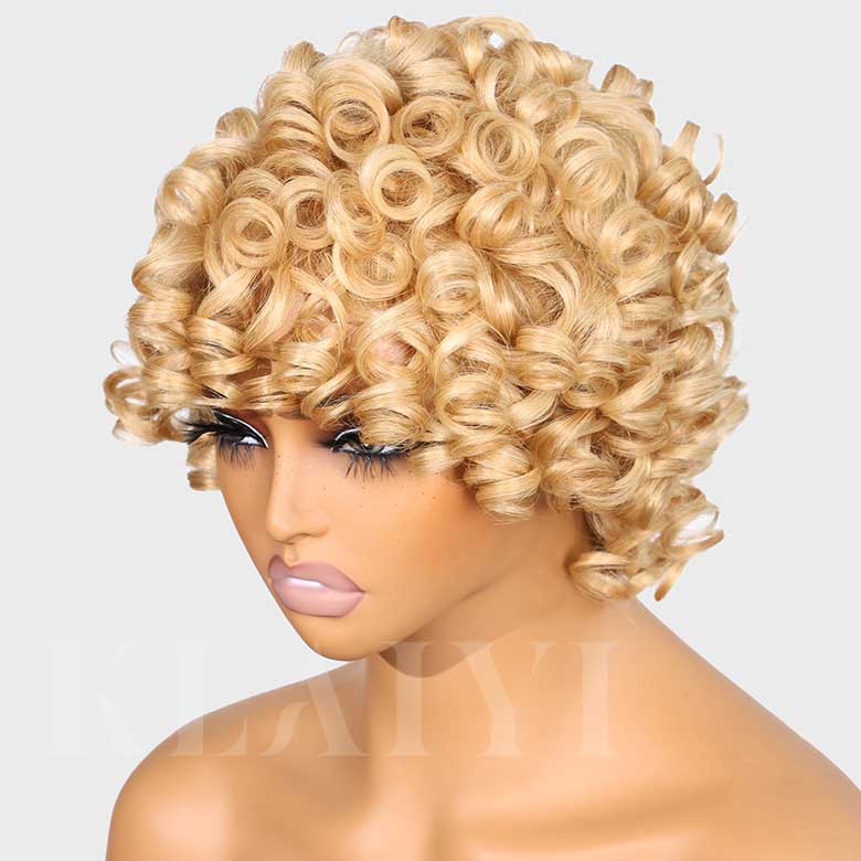 Klaiyi 613 Blonde Bouncy Curly Bob Wig With Bang Bob Wig Flash Sale