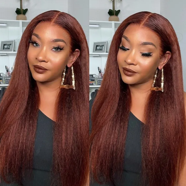 Klaiyi Reddish Brown Yaki Straight  Sporty Wear Go Wig 7x5 Put On and Go Glueless Lace Wigs Flash Sale