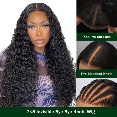 Klaiyi No Glue Pre-cut Pre-plucked Put On and Go Larger Lace Size Jerry Curly Lace Closure Wig Flash Sale