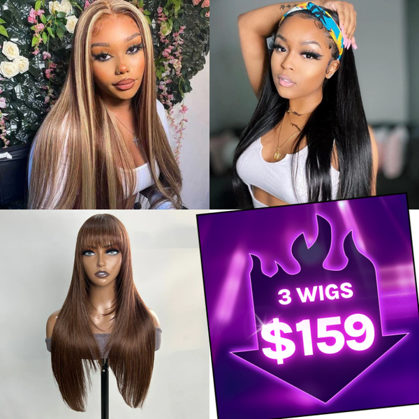 $159 Get 3 Wigs  | Blonde Highlight Piano Color Straight Lace Part Wig  + Natural Color Straight Headband Wig + Mocha Brown Bone Straight Wig With Bang Flash Sale