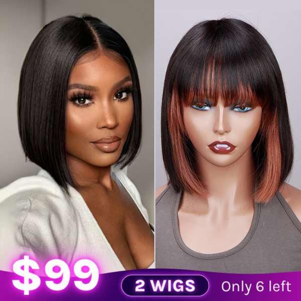 $99 Get 2 Wigs | Klaiyi Bogo Free Buy 1 Get 2 Wigs T Part Lace Bob Wig And Color Bob Wig With Bangs Flash Sale