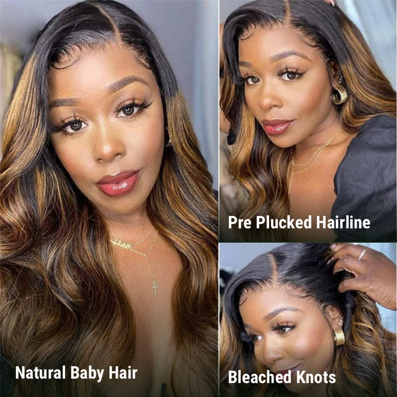 Klaiyi Ombre Brown Balayage Highlight Body Wave 7x5 Bye Bye Knots Wig Precolored Human Hair Lace Wig