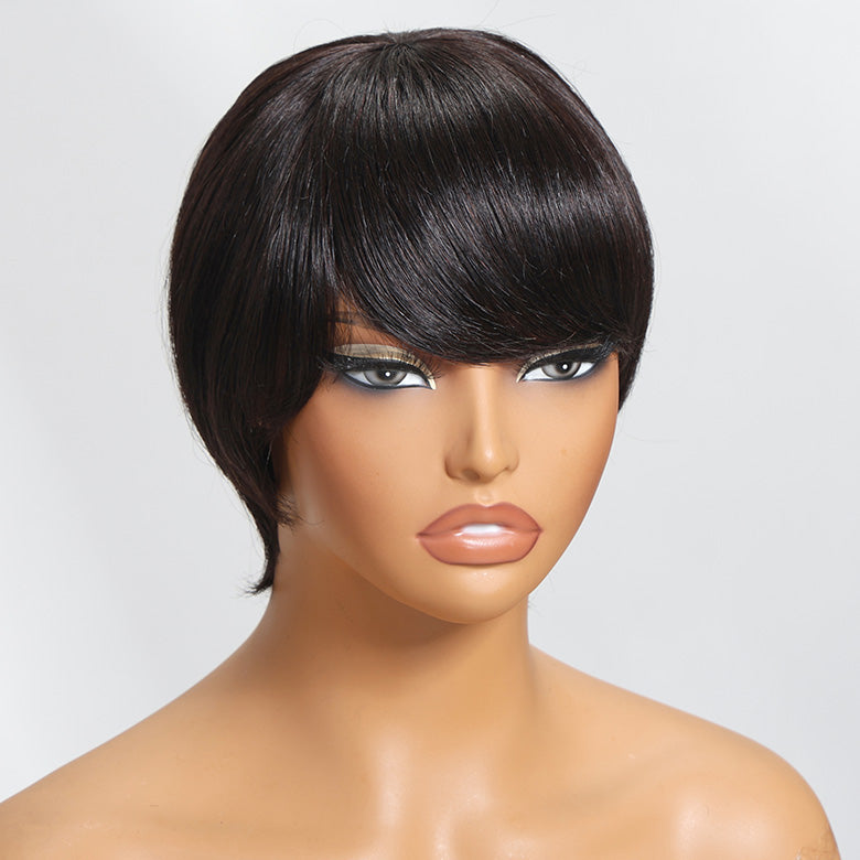 Klaiyi Short Bob Wigs with Bang Pixie Cut Human Hair Wig Machine Made Natural Black Color Glueless Human Hair Wig Flash Sale