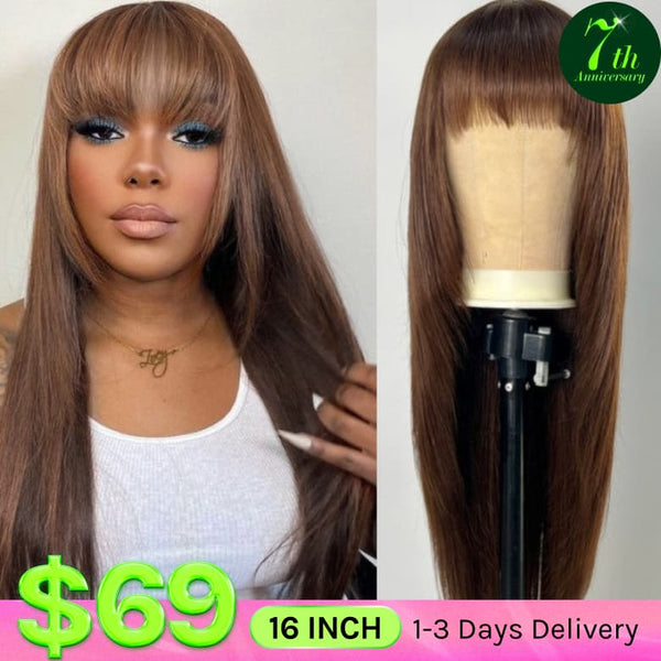 Klaiyi Mocha Brown Bone Straight Wig With Bang Machine Made Human Hair Flash Sale