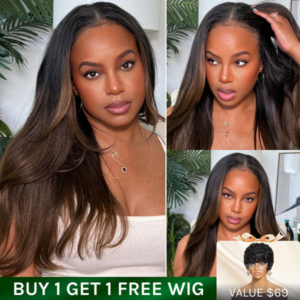 Klaiyi Yaki Straight EasiContour V Part Wigs Human Hair Ombre Chestnut Brown Color Clip in No Sew in No Glue Upgrade U Part Human Hair Wig