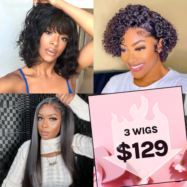 $129 Get 3 Wigs |  Natural Color Straight Lace Part Wig 180% Density + Bouncy Curly Short Bob Wig + Short Pixie Cut Lace Front Bob Wigs Flash Sale