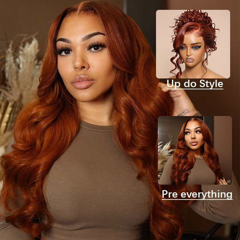 Klaiyi Brunette Auburn Copper 13x4 Pre everything Lace Frontal Wig Body Wave Virgin Human Hair Reddish Brown Color