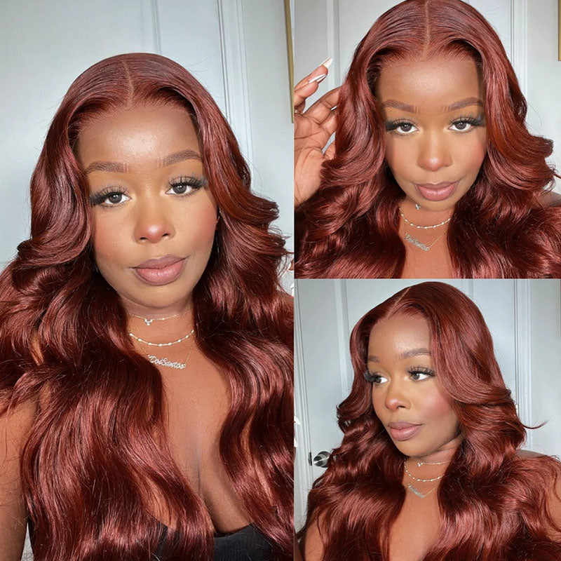 Klaiyi 3 Bundles with Lace Closure Pre Plucked Auburn Copper Reddish Brown Human Hair