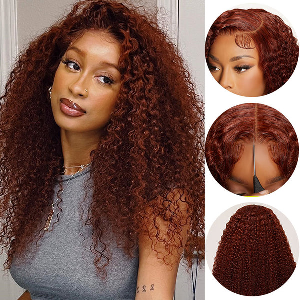 Klaiyi Pre-Cut Lace Wig Put On and Go Wigs Reddish Brown Jerry Curly Lace Closure Wig Beginner Wig