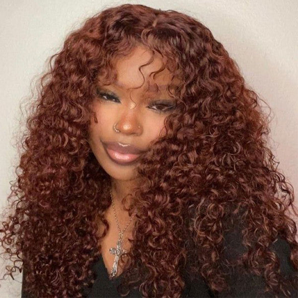 Klaiyi Reddish Brown Jerry Curly 7x5 Bye Bye Knots Human Hair Wig Put On and Go Glueless Lace Wig