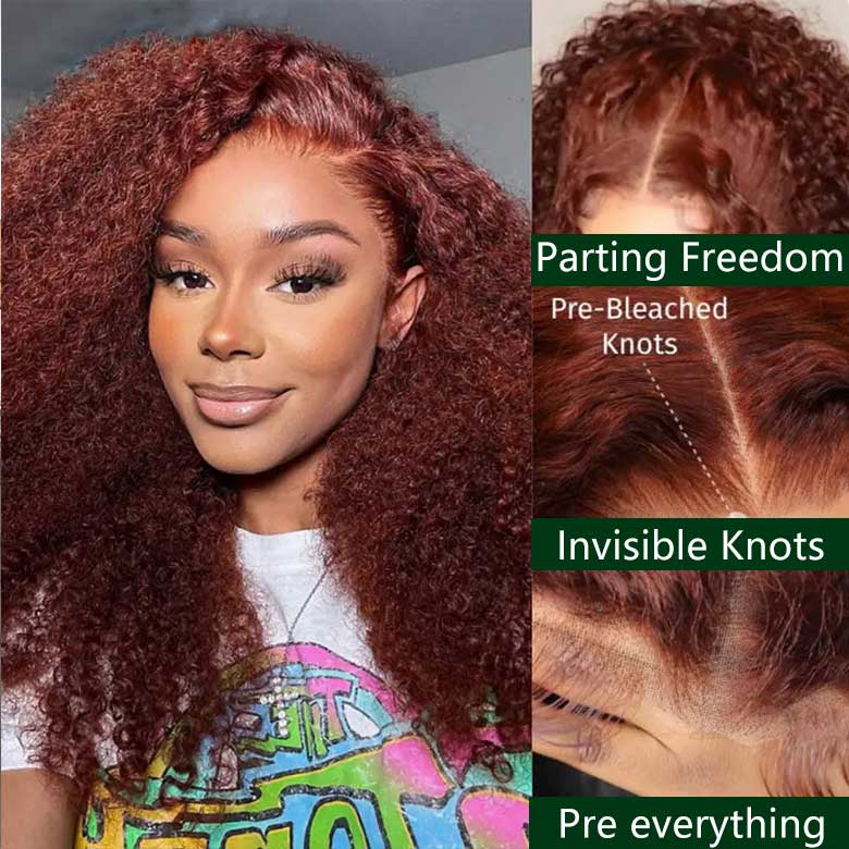 22"-24" Wig | Klaiyi Auburn Brown Color 13x4 Glueless Lace Frontal Wig Kinky Curly Human Hair Flash Sale