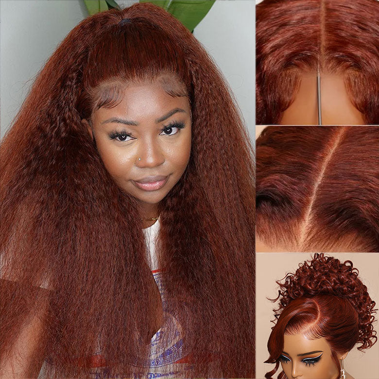 Klaiyi 7x5 Bye Bye Knots Reddish Brown Yaki Straight Wig Put On and Go Glueless Lace Wigs Human Hair