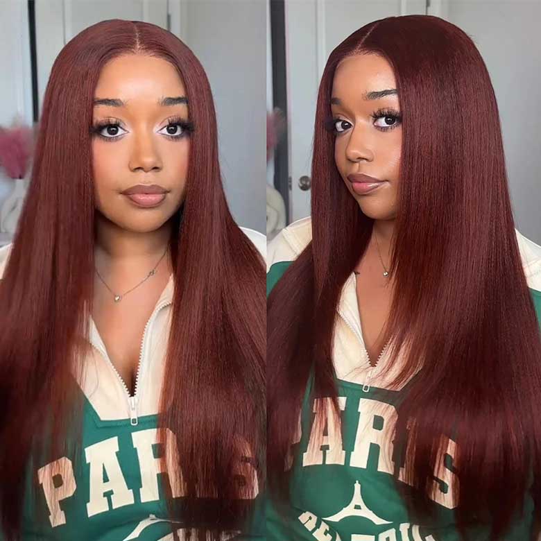 Klaiyi 7x5 Bye Bye Knots Reddish Brown Yaki Straight Wig Put On and Go Glueless Lace Wigs Human Hair