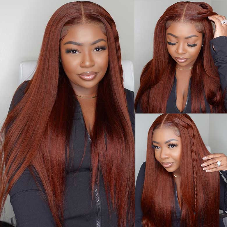 Klaiyi 7x5 Bye Bye Knots Reddish Brown Yaki Straight Wig Put On and Go Glueless Lace Wigs Human Hair