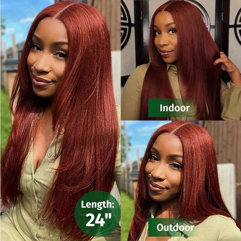 Klaiyi 7x5 Bye Bye Knots Reddish Brown Yaki Straight Wig Put On and Go Glueless Lace Wigs Human Hair