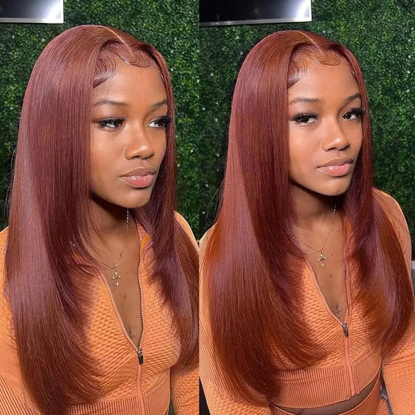 Klaiyi 7x5 Bye Bye Knots Reddish Brown Yaki Straight Wig Put On and Go Glueless Lace Wigs Human Hair