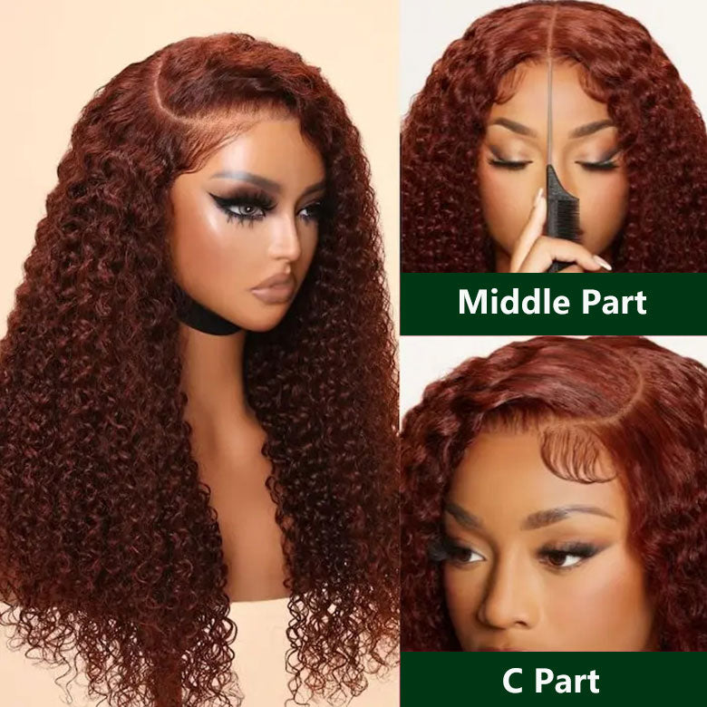 Klaiyi Pre-Cut Lace Wig Put On and Go Wigs Reddish Brown Jerry Curly Lace Closure Wig Beginner Wig