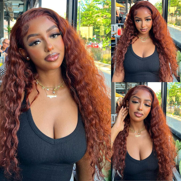 Klaiyi Pre-cut Lace Put On and Go Auburn Color Water Wave Reddish Brown Color Wigs Flash Sale