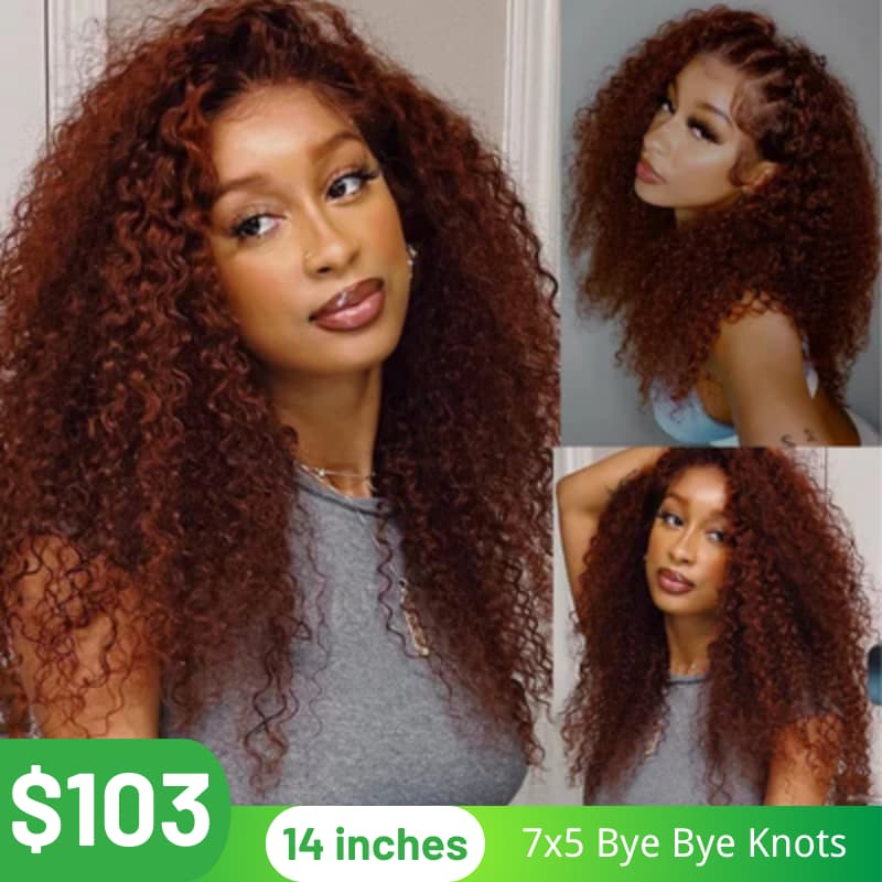 Klaiyi 7x5 Reddish Brown Jerry Curly Put on & Go Wig with Bleach Knots Flash Sale