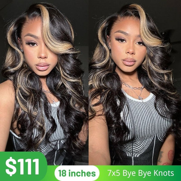 Klaiyi 7x5 Glueless Lace Put On and Go Pre-cut Lace  Natural Color With Peek A Boo Blonde Highlights Body Wave Wig Flash Sale