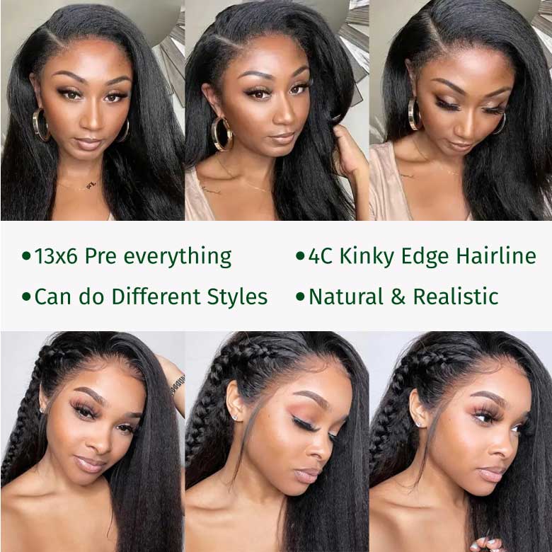 Klaiyi 13x6 Yaki Straight Pre Everything Wig with 4C Kinky Edges Put on & Go Glueless Wig Larger Lace