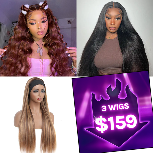 $159 Get 3 Wigs |  Blonde Highlight Piano Color Straight Headband Wig + Reddish Brown Boday Wave T Part Lace Wig + Natural Color Straight Lace Part Wig 180% Density Flash Sale