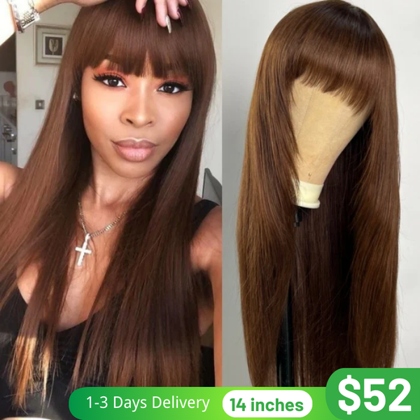 Klaiyi Mocha Brown Bone Straight Wig With Bang Machine Made Human Hair Flash Sale