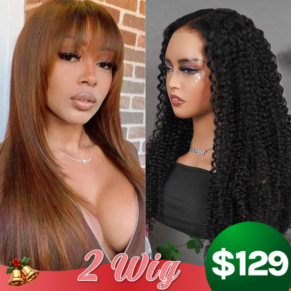 $129 Get 2 Wigs | Mocha Brown Bone Straight Wig With Bangs + 4C Kinky Curly Lace Part Wig Flash Sale