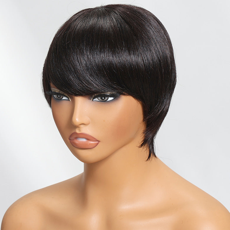 Klaiyi Short Bob Wigs with Bang Pixie Cut Human Hair Wig Machine Made Natural Black Color Glueless Human Hair Wig Flash Sale