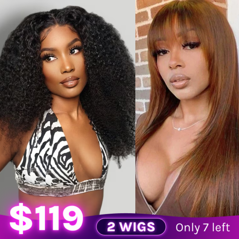 $119 Get 2 Wigs  | Klaiyi Bogo Free Buy 1 Get 2 Wigs Middle Brown Straight Wig With Bangs And Lace Part Kinky Curly Wig Flash Sale