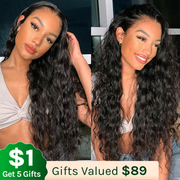 Flash Sale Klaiyi 7x5 Bye Bye Knots Pre-cut Lace Put On and Go Glueless Wig Water Wave Human Hair Wigs