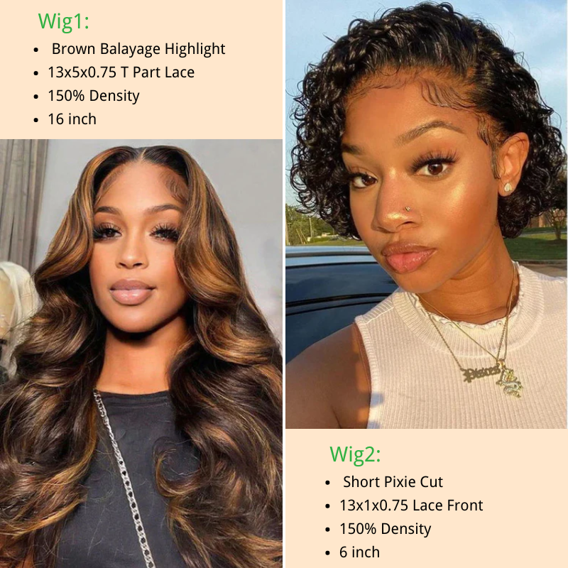 The 2nd Wig Only $7 |  Klaiyi Brown Balayage Highlight 13x5x0.75 T Part Lace Body Wave Wig And  Short Pixie Cut 13x1x0.75 Lace Front Wig Flash Sale