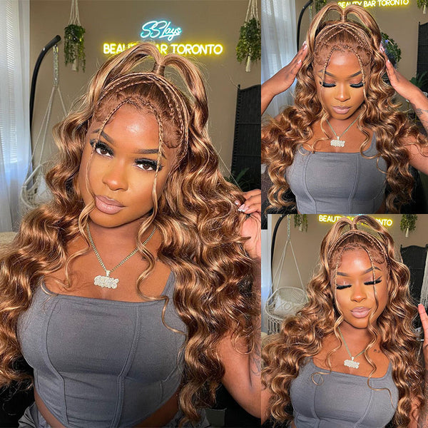 Klaiyi Honey Blonde Highlight Body Wave 13x4 Lace Front Wigs 100% Virgin Human Hair Wigs Flash Sale