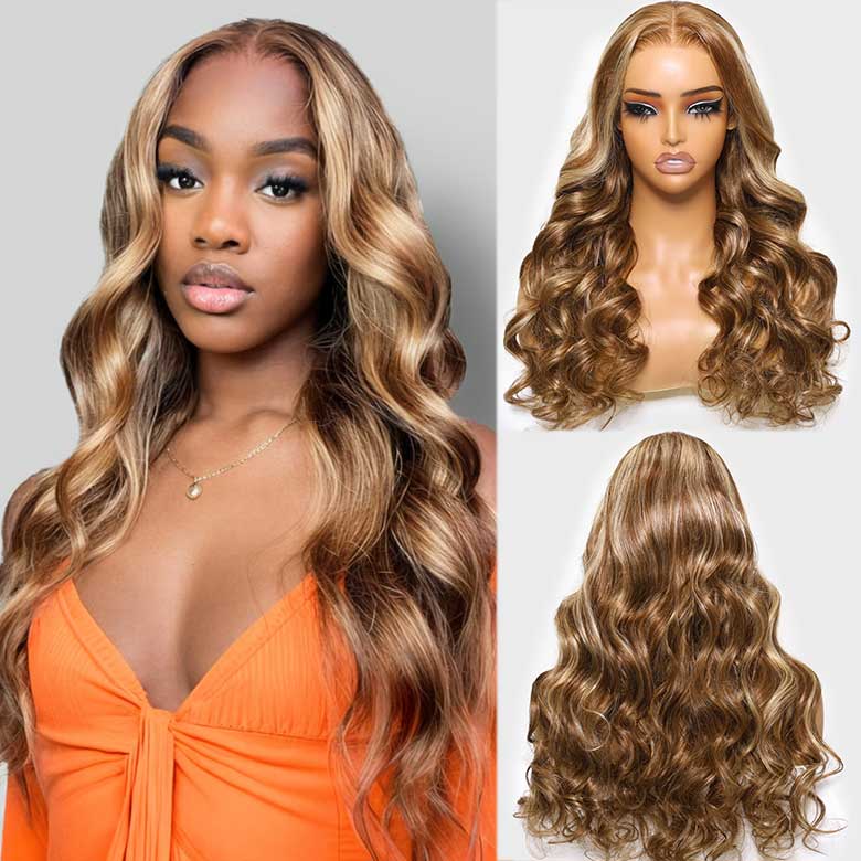 Klaiyi Pre-Cut Glueless Wig Put On and Go Highlight Blonde Body Wave Wig Human Hair